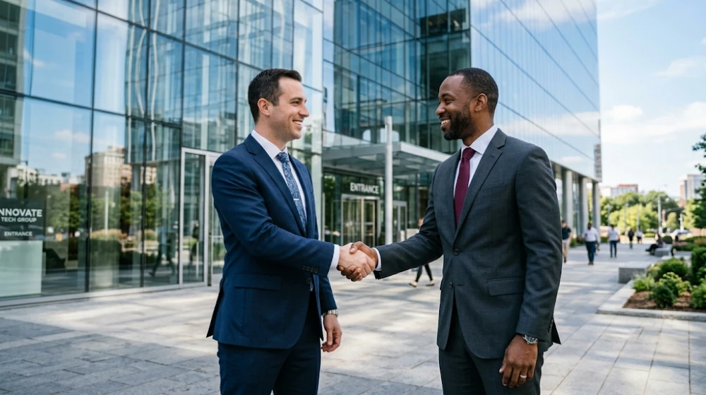 referral marketing Two business professionals shaking hands representing a successful B2B referral introduction.