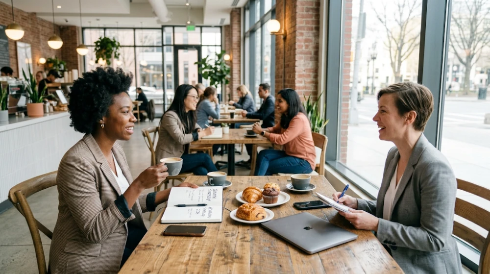 word of mouth marketing Business professionals having a 1-on-1 coffee connection to build referral relationships.