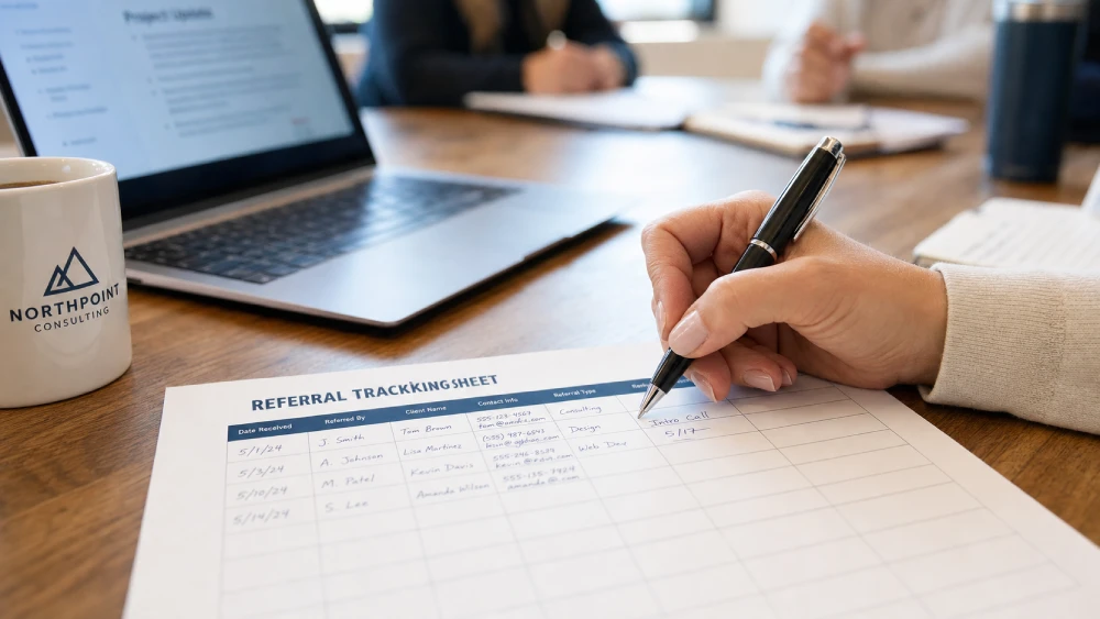 Business owner tracking referrals during a structured networking group meeting