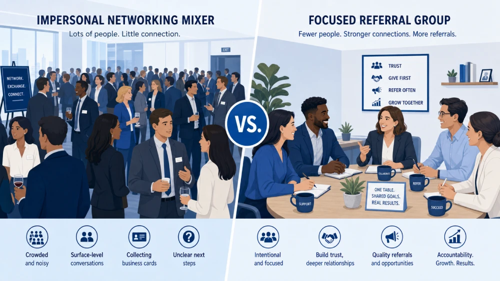 Comparison illustration of traditional networking events versus structured referral networking groups