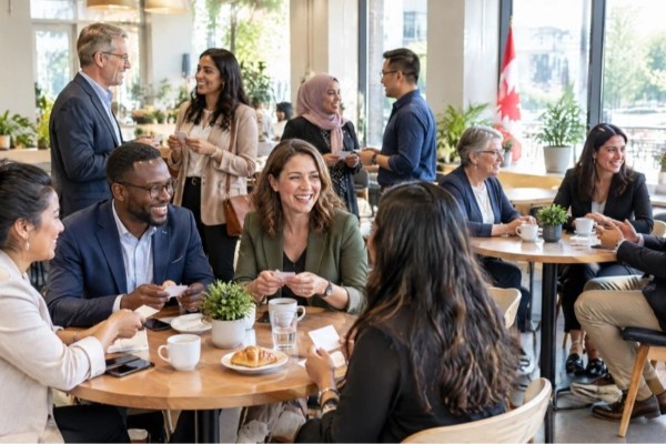Small business owners networking and exchanging referrals at an Ontario business networking event